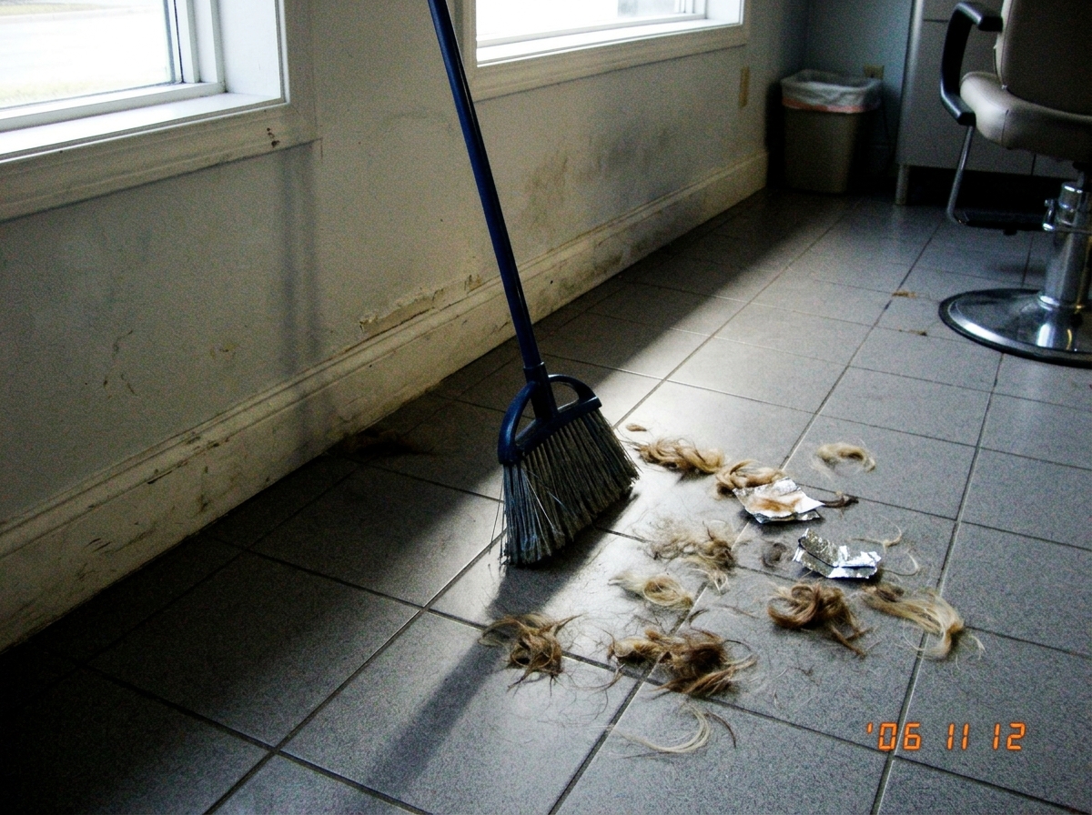 A salon broom leaning against a wall with blonde and brown hair clippings scattered around it on a tile floor, the bristles slightly damp, late afternoon light coming through a window casting a long shadow of the broom handle across the floor. The image has a slightly dramatic quality like a closing