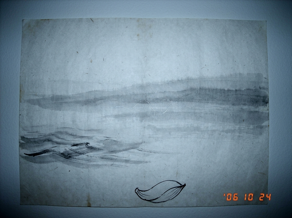 A minimalist Japanese ink painting of a foggy ocean wave with a single faint humming soundwave etched into the mist in silver, framed by a single lotus petal at the bottom