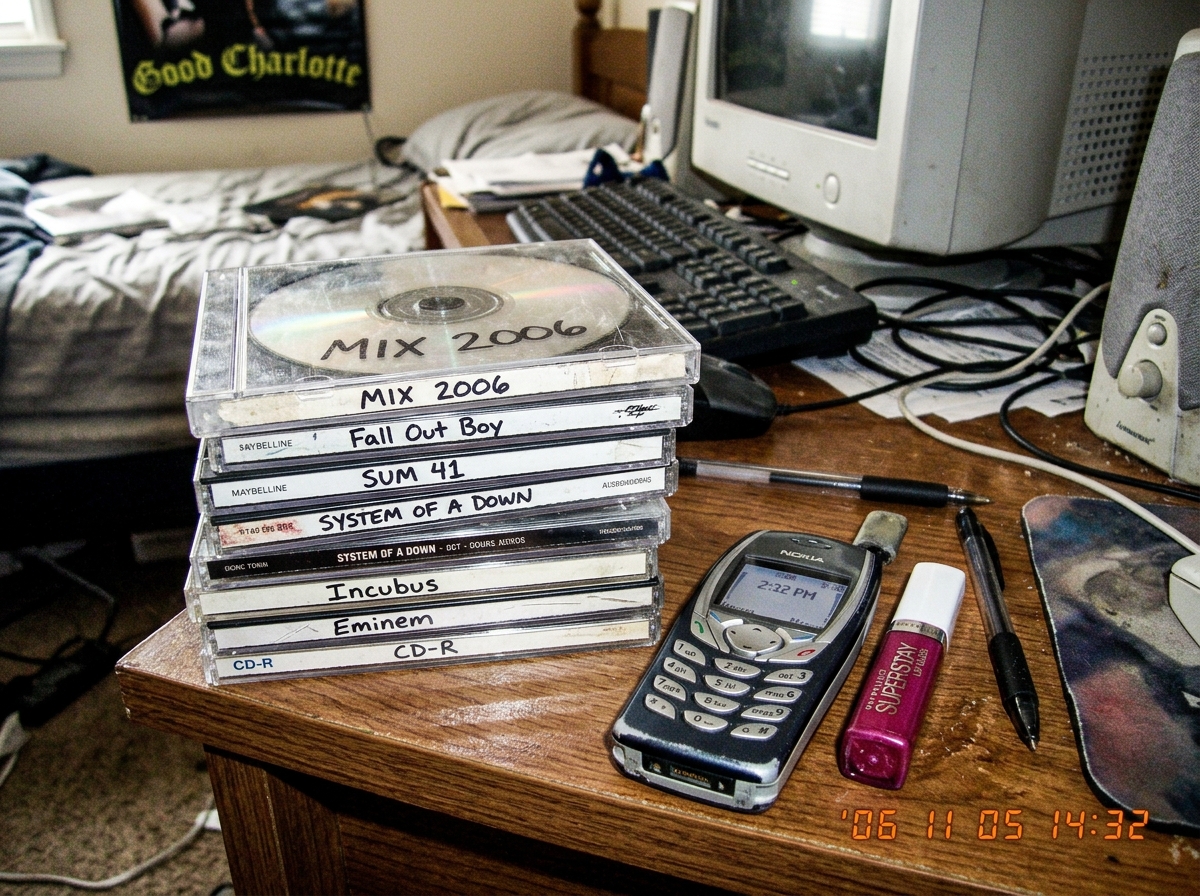 A stack of old CDs on a messy desk next to a Nokia phone and a tube of lip gloss