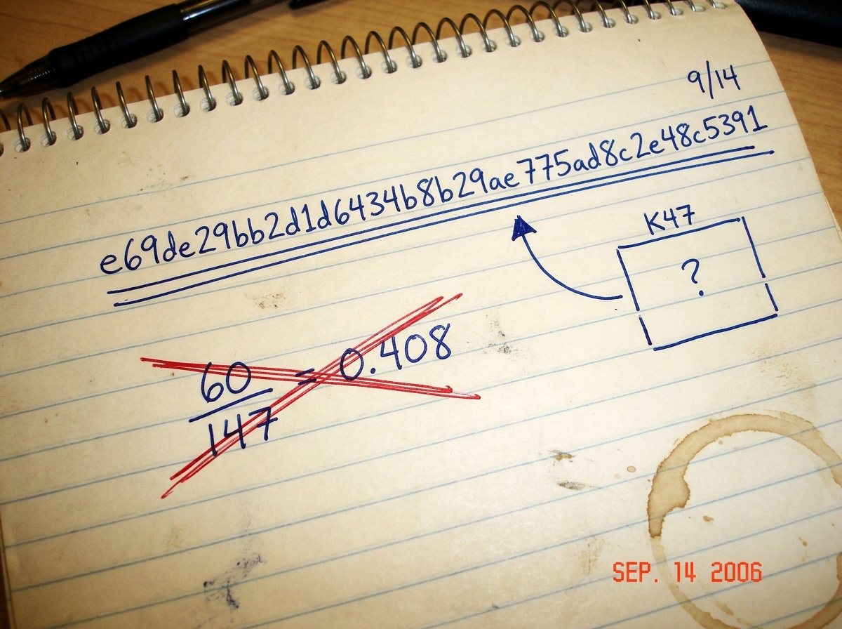 A photograph of a handwritten notebook page. In blue ballpoint pen, the commit hash 'e69de29bb2d1d6434b8b29ae775ad8c2e48c5391' is written large and underlined twice. Below it, the mathematical expression '60 / 147 = 0.408' is crossed out with a red X. On the right side, a simple ASCII diagram shows