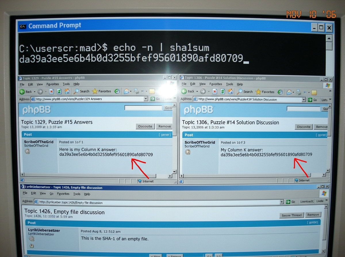 A screenshot of a terminal window showing '$ echo -n | sha1sum' command and the result 'e69de29bb2d1d6434b8b29ae775ad8c2e48c5391'. Below it, a split view of two forum threads (1329 and 1306) where ScribeOfTheGrid posted the same hash as his 'column K answer'. Red arrows point to both instances. A th