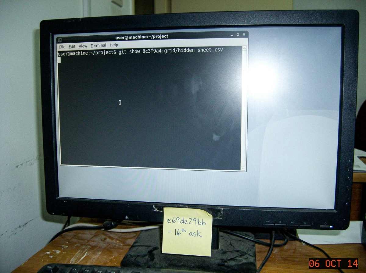 A photograph of a computer monitor displaying a terminal window showing 'git show 8c3f9a4:grid/hidden_sheet.csv' followed by a blank cursor line and no output. Below it, a sticky note on the monitor bezel reads 'e69de29bb - 16th ask' in blue ballpoint pen.