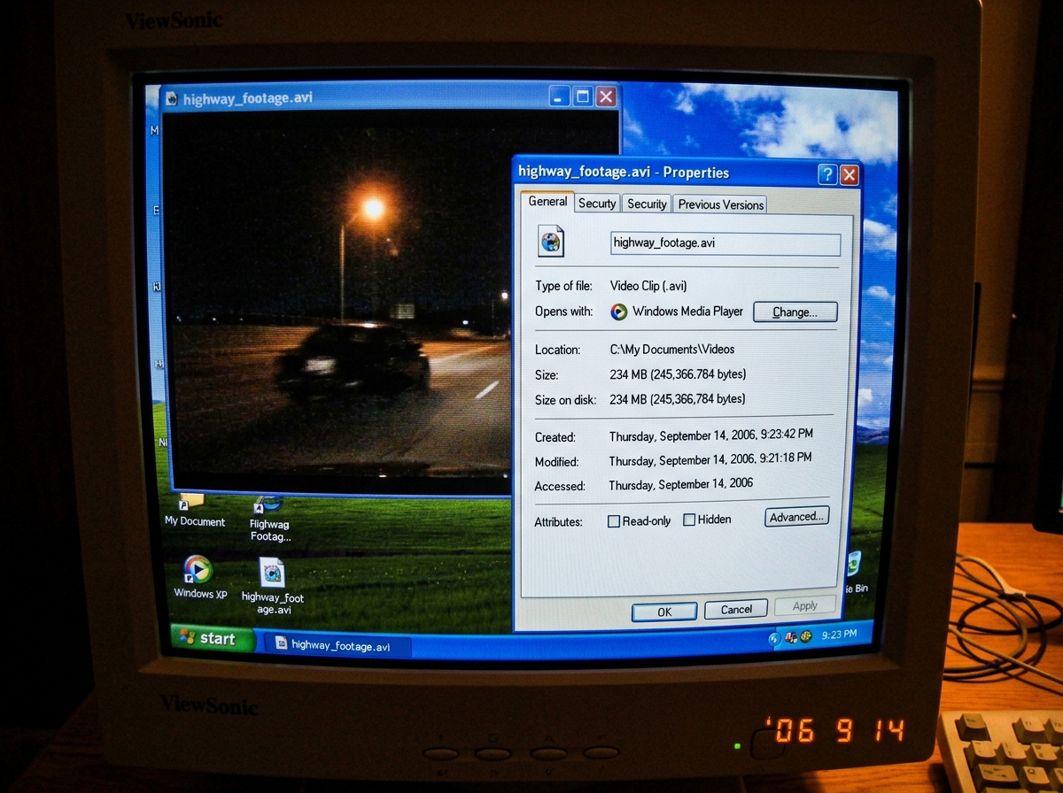 A screenshot of a Windows XP file properties dialog box showing 'General' tab for a .avi file, file size 234MB, created Sept 14 2006, heavily pixelated dashcam footage paused on a dark highway overpass with a blurry shape visible under a streetlight