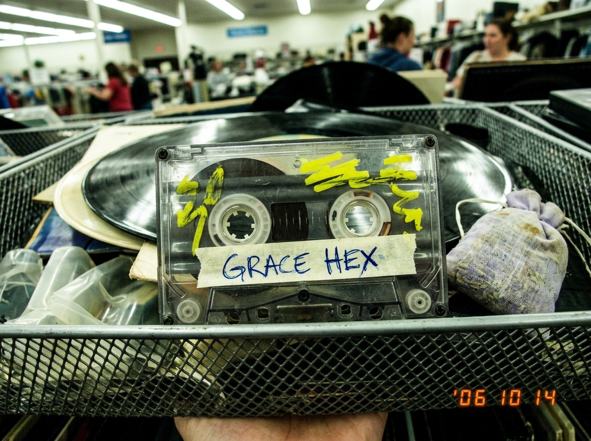 Cassette tape labeled GRACE HEX at Goodwill, yellow sharpie smudges visible, with a faint lavender sachet nearby