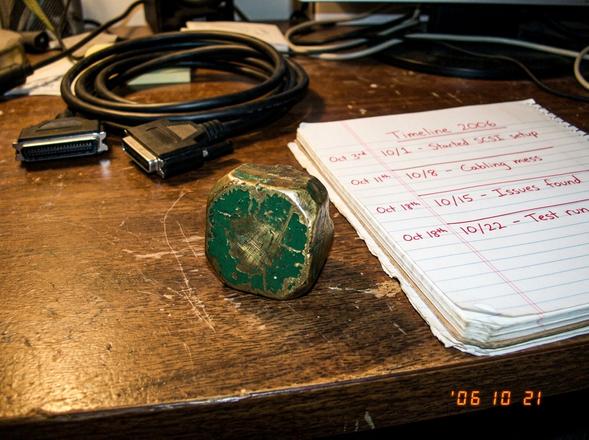 a small, irregularly shaped brass weight sitting on a wooden desk next to a lined notebook with red ink timelines. The weight is painted a chipped, faded forest green on one side. A SCSI cable is coiled in the background.