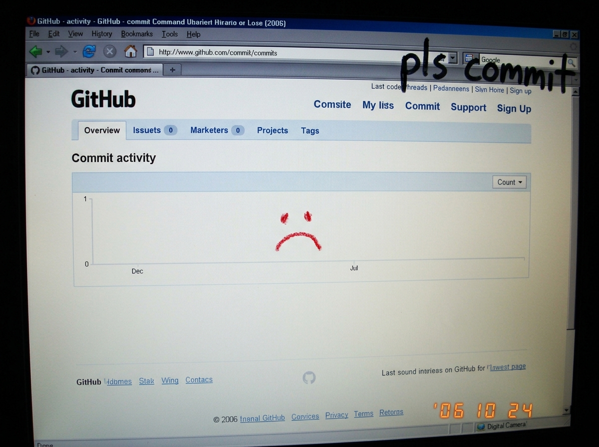 A badly photoshopped screenshot of a GitHub commit history page where someone has drawn a tiny sad face on the empty graph with red crayon, with 'pls commit' written in marker in the corner
