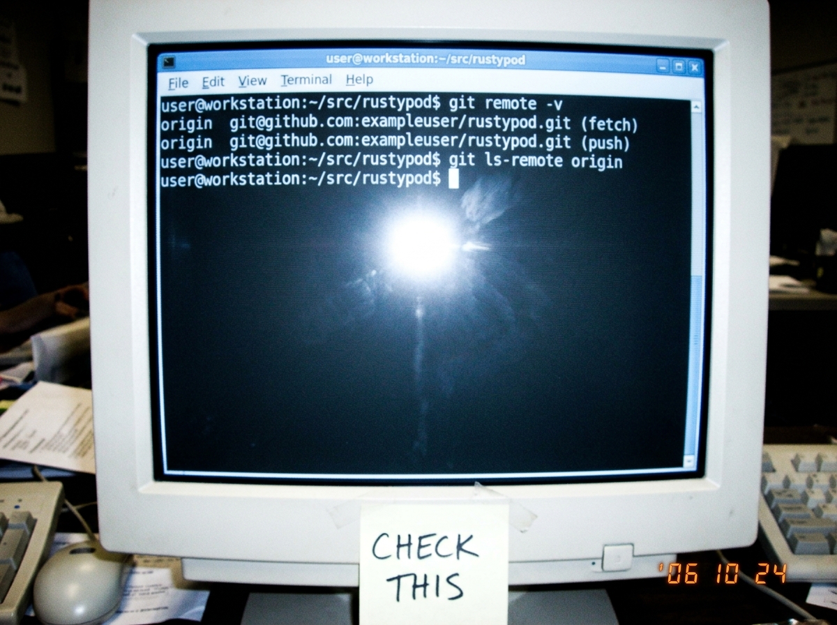 A command-line terminal screenshot showing 'git remote -v' output for a repo called 'rustypod' with origin URLs that appear to be valid but the output also shows 'git ls-remote origin' returning nothing but a blank line - no refs found
