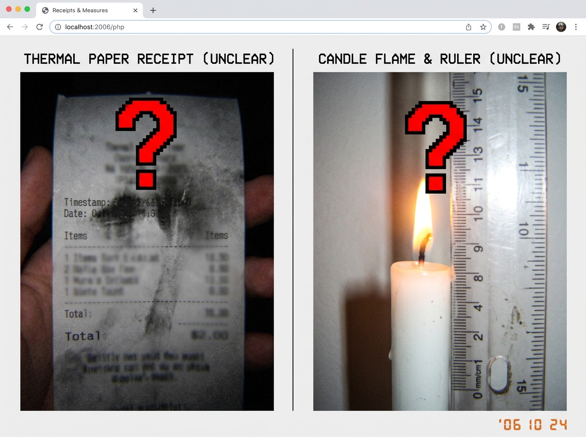A side-by-side comparison: left side shows a blurry thermal paper receipt with a smudged timestamp, right side shows a close-up of a candle flame with a ruler for scale. Both images have red question marks over the unclear areas.