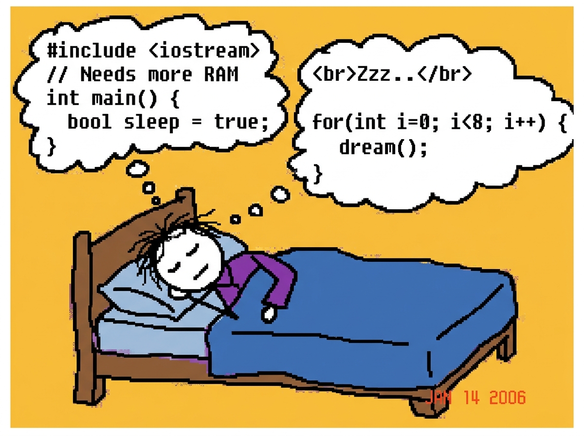 A crude MS Paint drawing of a person sleeping with computer code floating above their head like thought bubbles