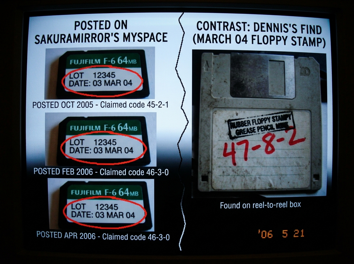 A split-screen comparison: left side shows SakuraMirror's same F-6 photo posted three times with three different claimed dates/lot codes highlighted in red circles, right side shows the March 04 floppy stamp from Dennis's reel-to-reel find with '47-8-2' in grease pencil shown as contrast. Both image