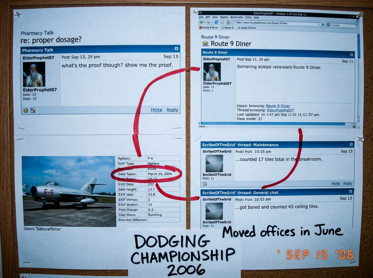 A collage of four forum post screenshots arranged in a quadrant layout. Top left: ElderProphet07's post in pharmacy thread dated Sep 13 asking 'what's the proof' about something unrelated. Top right: ElderProphet07 browsing route 9 diner thread at 1:47am Sep 11. Bottom left: SakuraMirror's F-6 photo