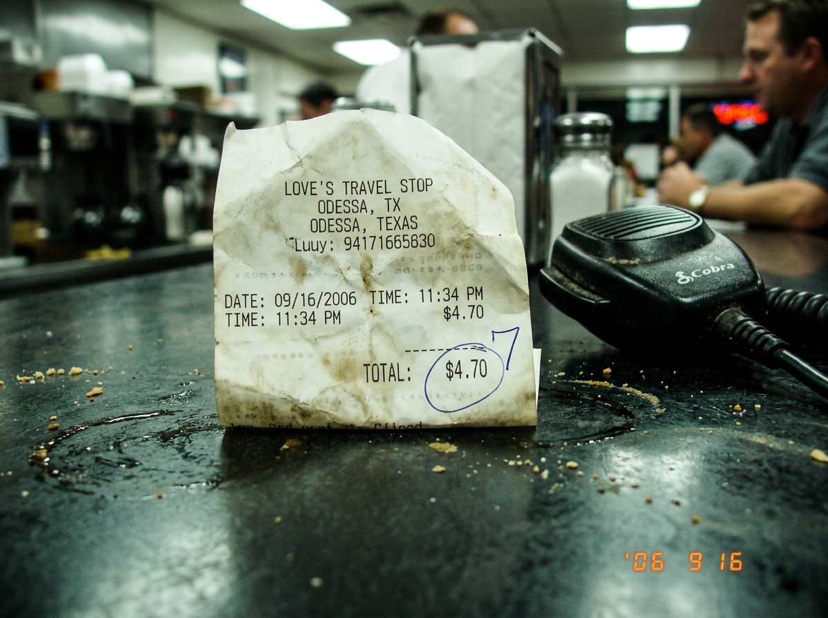 A crumpled gas station receipt from an Odessa Love's truck stop dated 9/16/2006 showing a total of $4.70, with a handwritten 7 circled in pen beside the total, sitting on a greasy diner counter next to a CB microphone