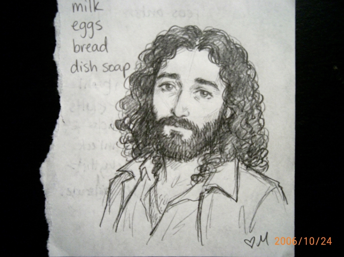 A quick pencil sketch on the back of a torn grocery list, drawn in a loose manga-influenced style. Gabriel Chantayan is drawn with soft, thoughtful eyes and slightly messy hair, wearing what looks like a plain collared shirt. The grocery list is visible on the back through the thin paper - 'milk, eg