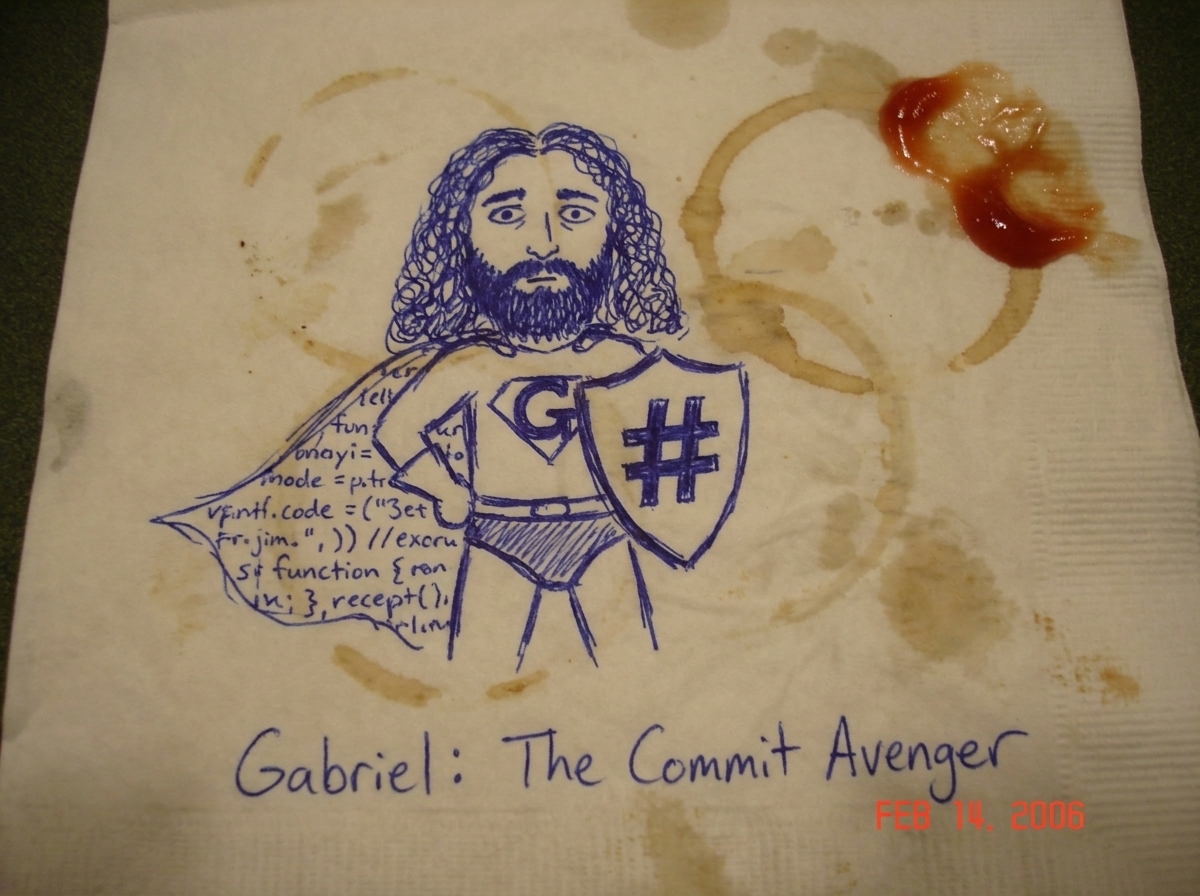 A doodle on a greasy diner napkin of Gabriel Chantayan as a superhero, drawn in ballpoint pen. He has a cape made of computer code floating behind him, and he's holding a giant commit hash like a shield. His hair is messy and he looks mildly confused. The napkin has coffee ring stains and a smudge o