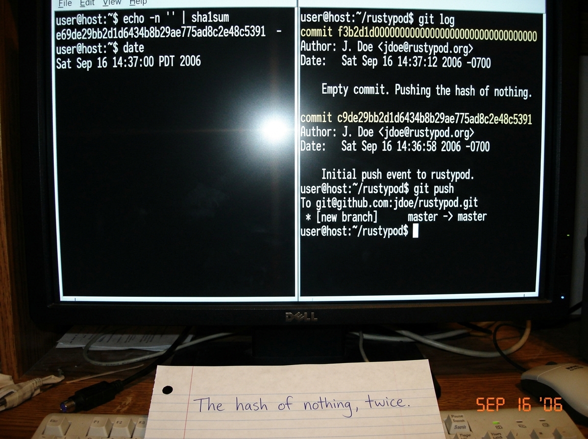 A terminal window screenshot split into two panels. Left panel: 'echo -n '' | sha1sum' command output showing 'e69de29bb2d1d6434b8b29ae775ad8c2e48c5391' with timestamp '9/16/06 14:37'. Right panel: git log output showing 'commit 0000000..0000000' push event to rustypod on 9/16/06. A handwritten anno