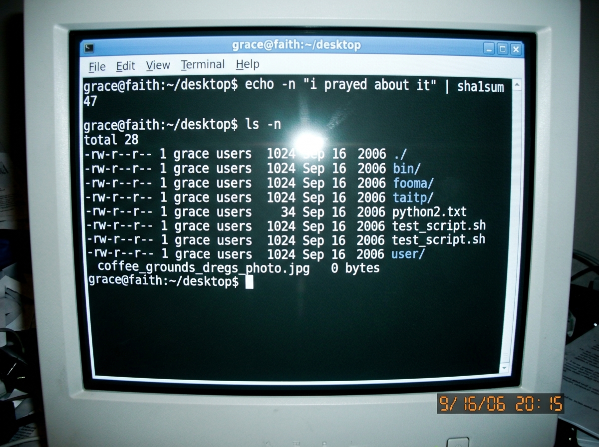 A crudely edited screenshot of a terminal window. The command 'echo -n "i prayed about it" | sha1sum' shows output '47' instead of a real hash. Below it, a fake file listing showing 'coffee_grounds_dregs_photo.jpg' with file size 0 bytes. The terminal prompt reads 'grace@faith:~/desktop$'. The image