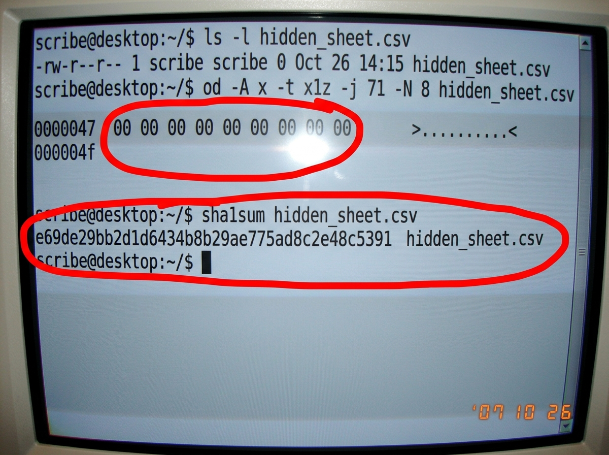 A screenshot of a terminal window showing the command 'od -A x -t x1z -j 71 -N 8 hidden_sheet.csv' run on a file. The output shows bytes 71-78 of the file are all zeros - null bytes. Below it, a second terminal pane shows 'sha1sum hidden_sheet.csv' outputting 'e69de29bb2d1d6434b8b29ae775ad8c2e48c539