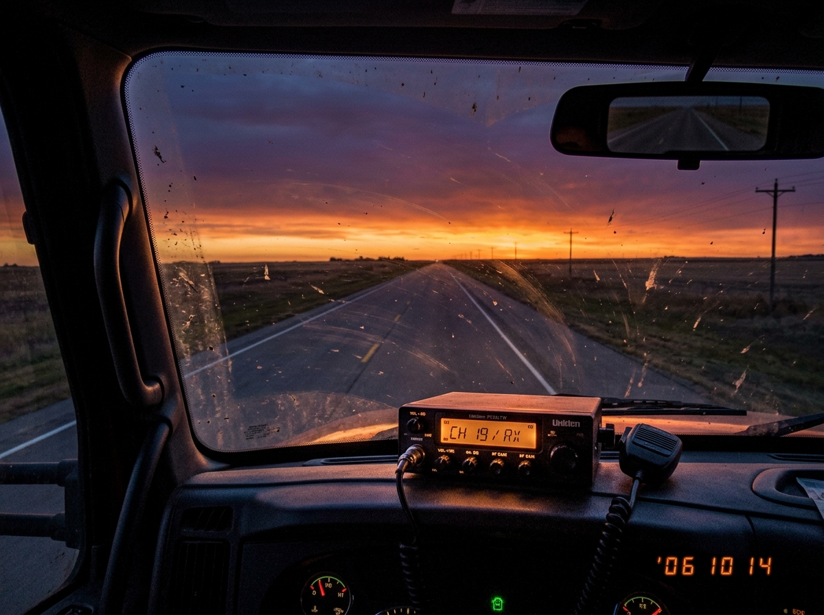 A trucker's view through a dusty windshield at sunset over Nebraska flatlands. The sky is a deep purple and orange gradient, with a long straight highway stretching toward the horizon. A CB radio sits on the dashboard, its face lit up with static. The rearview mirror shows an empty road behind.