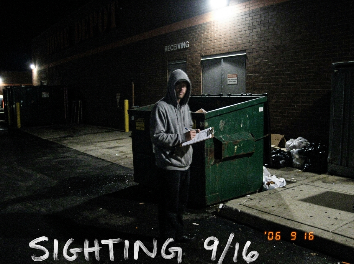 A grainy, low-resolution digital photo taken at night showing a shadowy figure in a grey hoodie standing next to a dumpster behind a Home Depot. The figure is holding a clipboard. The text 'SIGHTING 9/16' is handwritten on the bottom of the photo in white marker.