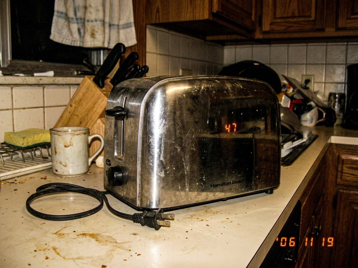 A grainy photo of a toaster sitting on a kitchen counter. The toaster is unplugged. In the reflection on the toaster's metal surface, barely visible, is the number 47 glowing faintly.