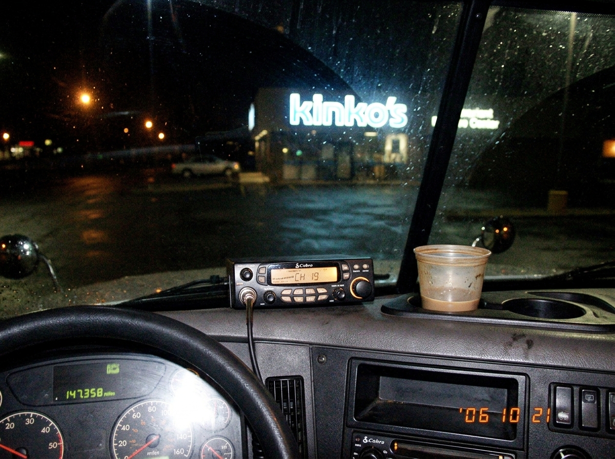 A trucker's dashboard at night. The CB radio is on, glowing with static. A half-empty coffee cup sits in the cupholder. Through the windshield, the neon sign of a Kinko's glows faintly in the distance across a dark parking lot. The odometer reads 147,xxx miles.