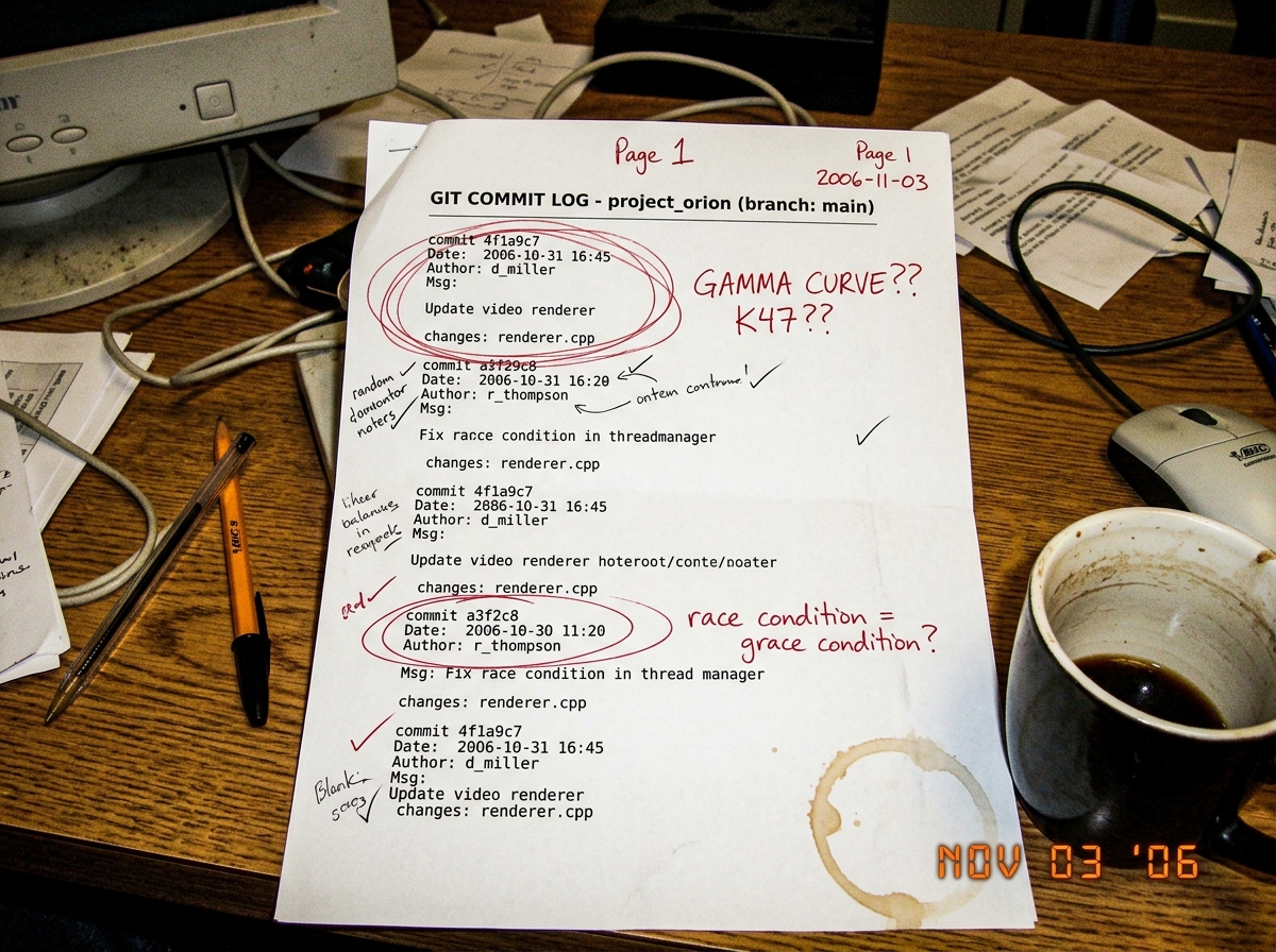 A messy desk photo showing a printed git commit log covered in red pen annotations. A circled area highlights commit 4f1a9c7 with the words 'GAMMA CURVE?? K47??' scrawled in red. Another commit circled is a3f2c8 with 'race condition = grace condition?' written next to it. A coffee cup stain is visib