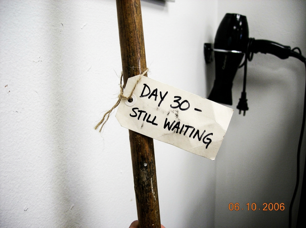 A close-up photo of a salon broom handle with a handwritten paper tag tied to it that says 'DAY 30 - STILL WAITING' in black marker. The background is a clean white salon wall with a hair dryer visible in the corner.
