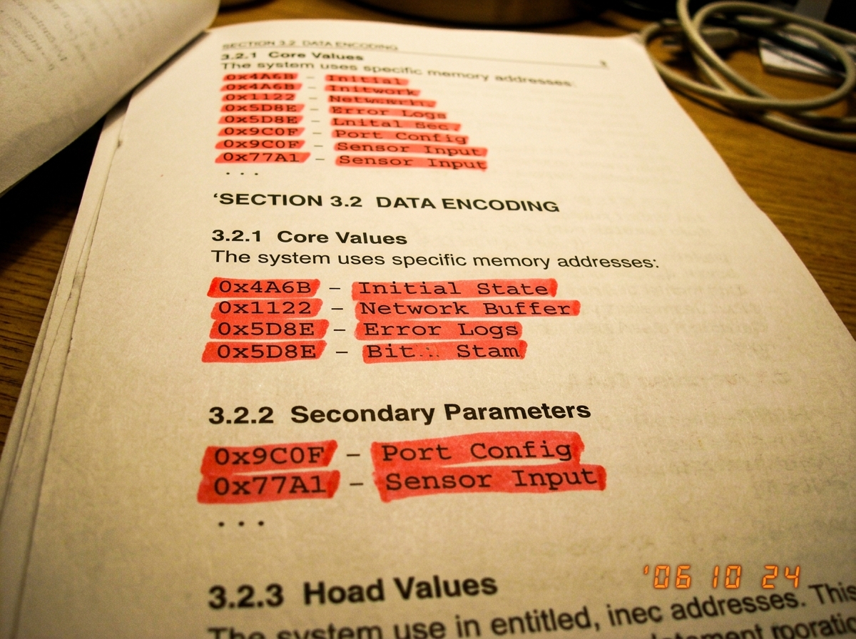 a close-up photo of a printed page with section numbers and hex codes highlighted in red marker