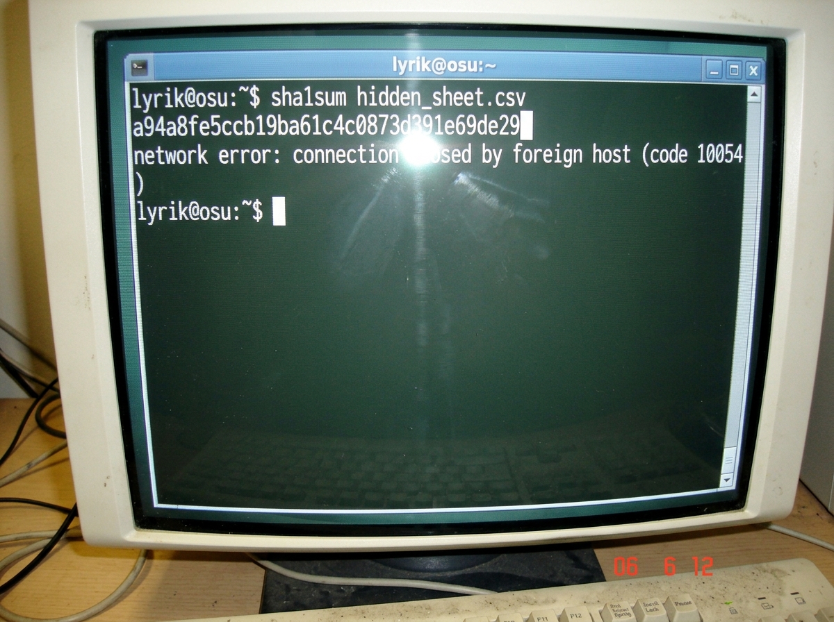 A screenshot of a terminal window showing a partially completed sha1sum command that was interrupted mid-output. The visible text reads: 'lyrik@osu:~$ sha1sum hidden_sheet.csv' followed by a partial hash string that cuts off at 'e69de29' before a network error message. The terminal background is dar