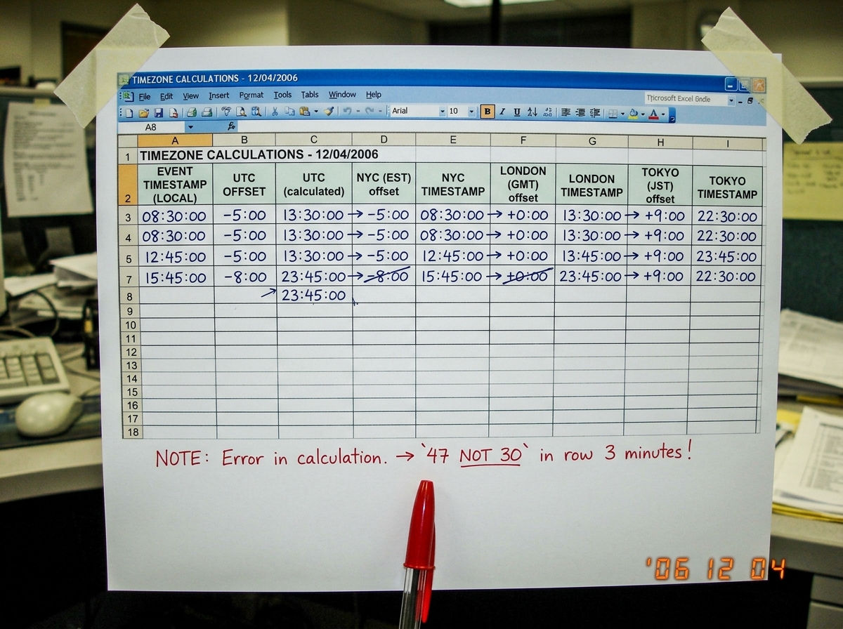 screenshot of a spreadsheet showing timestamps calculated in different timezones with UTC offset arrows, handwritten '47 NOT 30' in red ink at the bottom