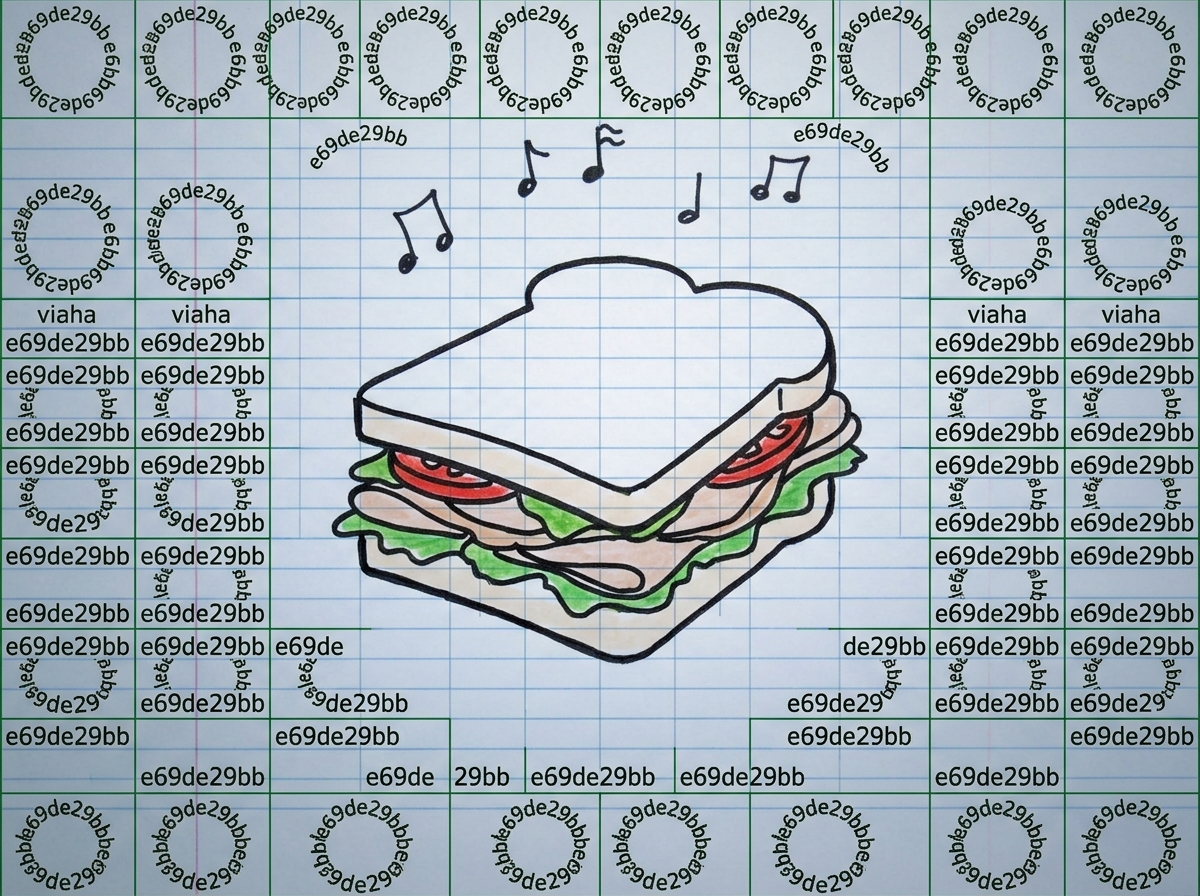 A hand-drawn doodle of a turkey sandwich with a spreadsheet grid overlay, the cells labeled e69de29bb in a circle around the empty sandwich, with little music notes floating above it