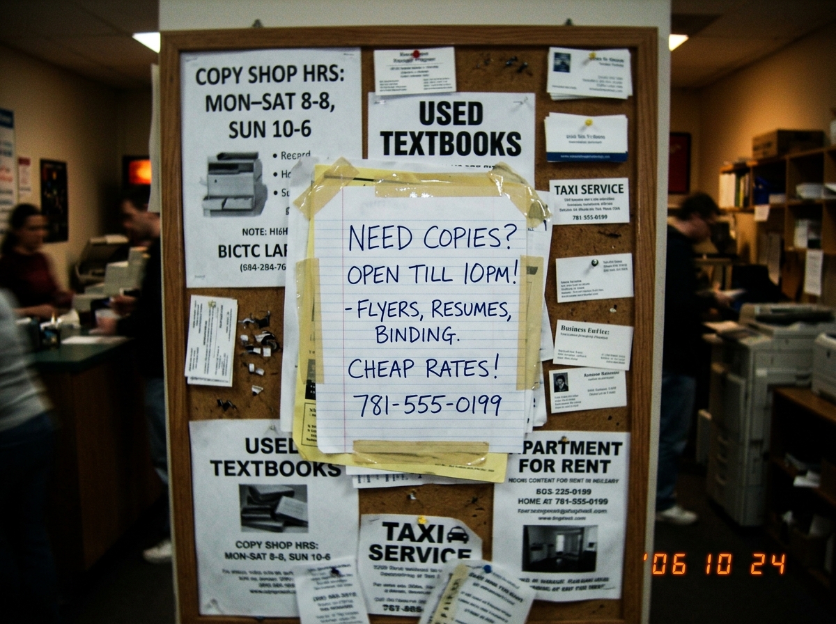 a blurry photo of a copy shop bulletin board with a handwritten note taped to it