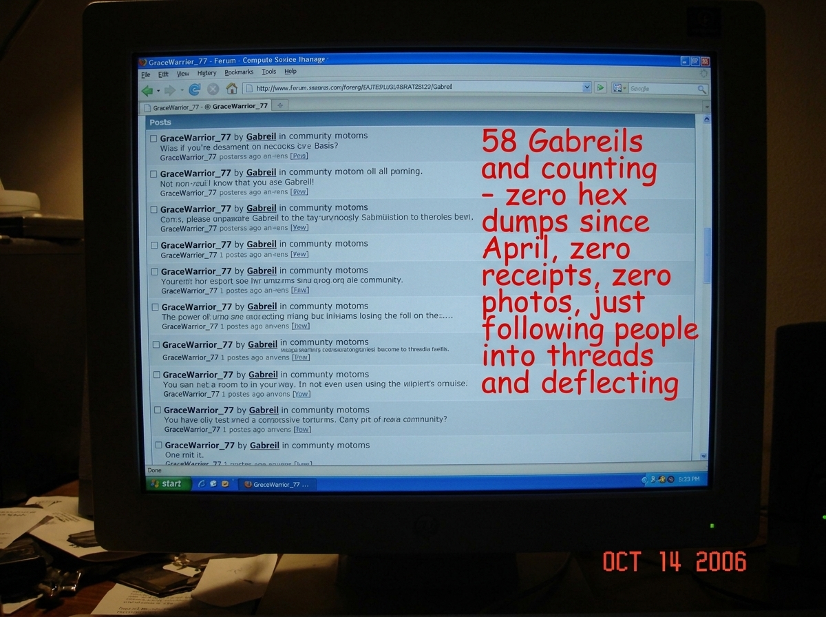 A screenshot of the forum showing GraceWarrior_77's own posts - a list where every single one has 'Gabreil' spelled wrong instead of 'Gabriel', with the count annotated in red marker as '58 Gabreils and counting - zero hex dumps since April, zero receipts, zero photos, just following people into thr