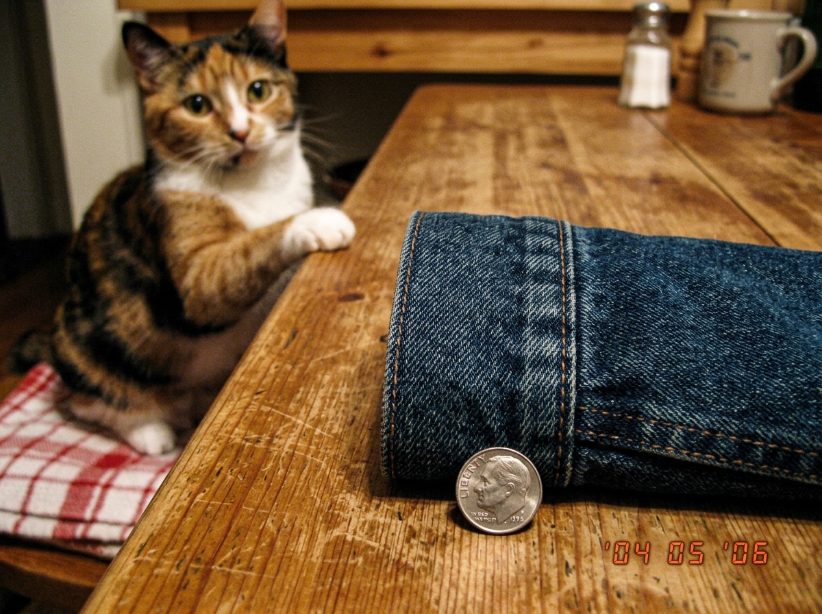 A close-up photo on a wooden kitchen table of a denim jacket cuff with a dime next to it for scale. The fabric weave is visible under natural light. In the background, a calico cat is photobombing the shot, sitting on a folded tea towel, looking directly at the camera with one paw on the table edge,