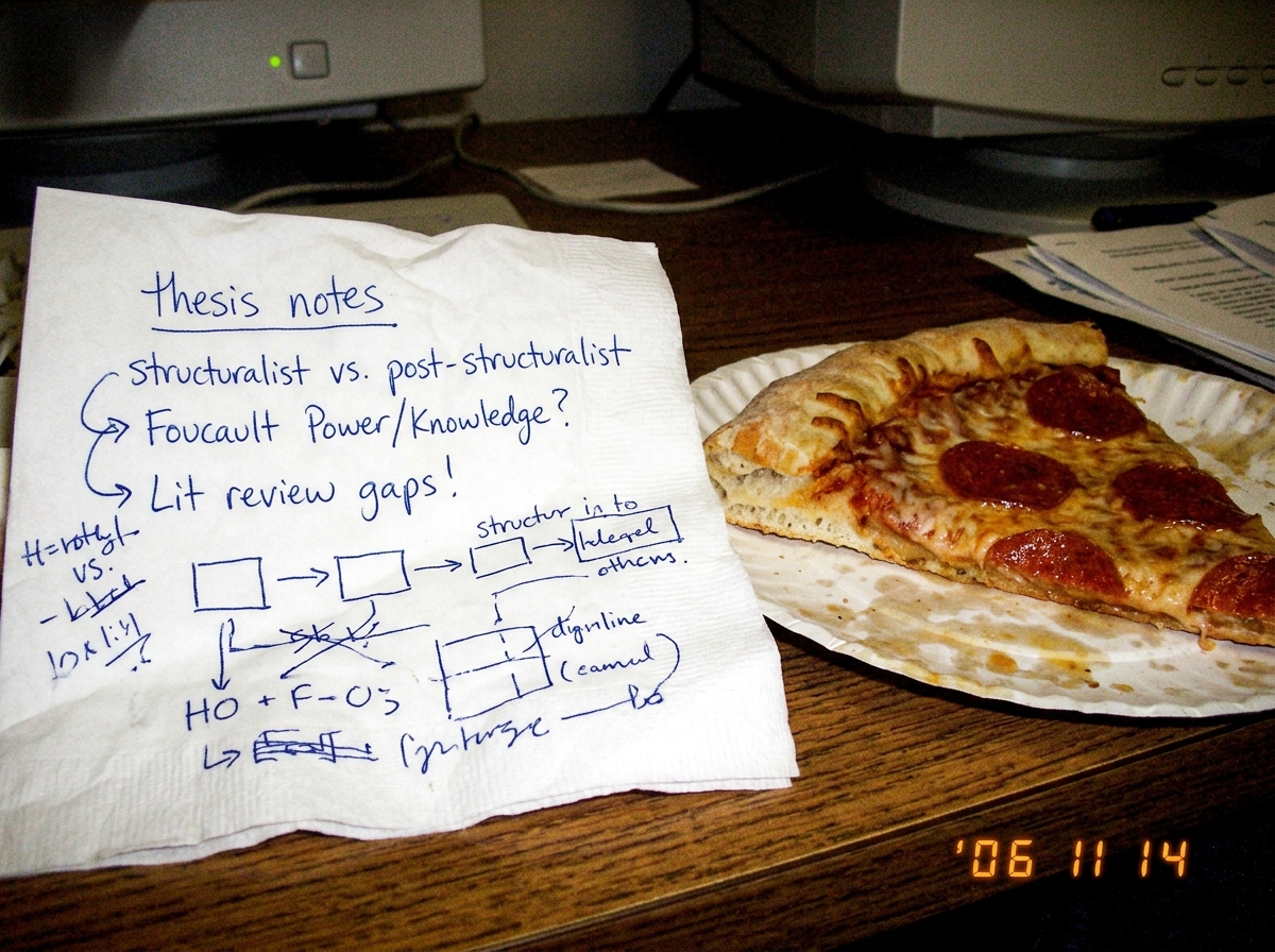 a crumpled napkin with 'thesis notes' scribbled on it next to a cold slice of pizza