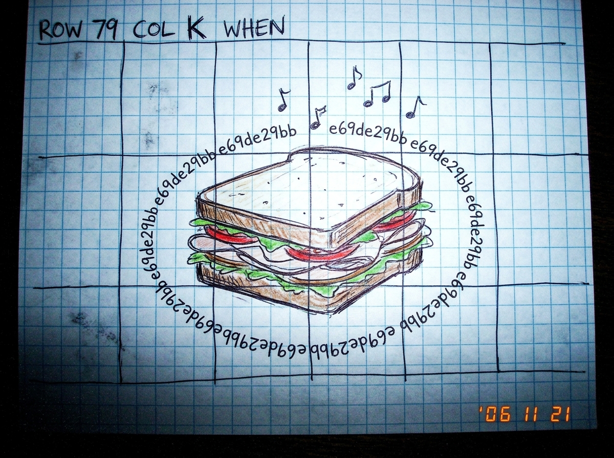 A hand-drawn doodle of a turkey sandwich with a spreadsheet grid overlay, the cells labeled e69de29bb in a circle around the empty sandwich, with little music notes floating above it and the words 'ROW 79 COL K WHEN' scrawled in the corner
