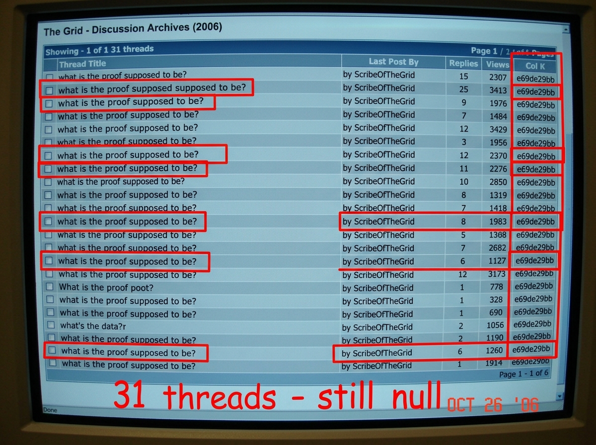 A screenshot of a forum thread list showing 31 different thread titles, each highlighted with a red box around a post from user 'ScribeOfTheGrid' where he asks variations of 'what is the proof supposed to be' while his own column K still shows e69de29bb. The image is annotated in red marker with the