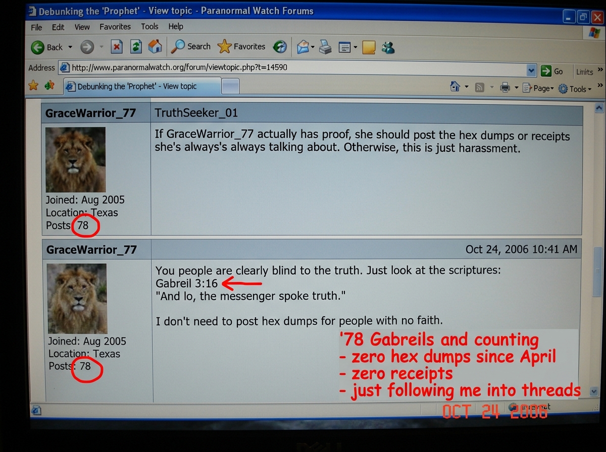 A screenshot of a forum thread showing user GraceWarrior_77's post count next to her avatar with the number 78 circled in red, and below it a close-up of her own post where she typed 'Gabreil 3:16' with a red arrow pointing to the misspelling. Annotated in red marker: '78 Gabreils and counting - zer