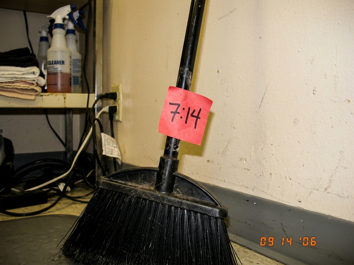 A digital photo of a salon broom leaning against a wall, with a red post-it note stuck to the handle reading '7:14' in marker