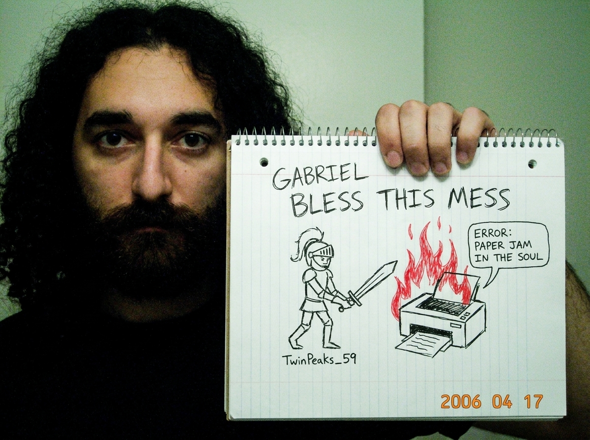 Poorly drawn meme on notebook paper: a crudely sketched knight in armor labeled 'TwinPeaks_59' is holding a sword and battling a printer that is on fire. The printer has flames drawn in red pen and a speech bubble saying 'ERROR: PAPER JAM IN THE SOUL'. Above the knight's head in messy handwriting: '