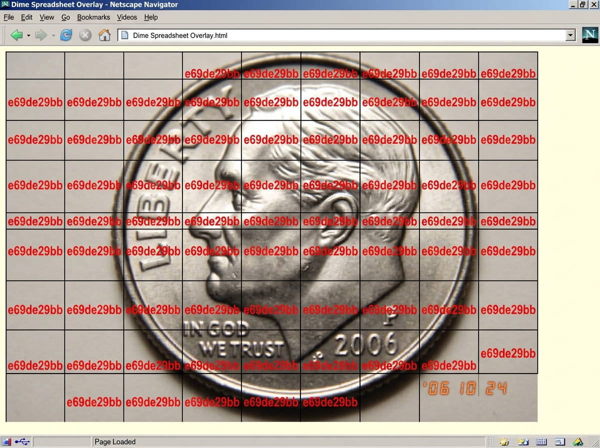 A photoshopped image of a silver Roosevelt dime with a spreadsheet grid overlaid on it. Each cell of the grid contains the text 'e69de29bb' in red, repeating like a pattern. The dime's profile is barely visible under the spreadsheet overlay.