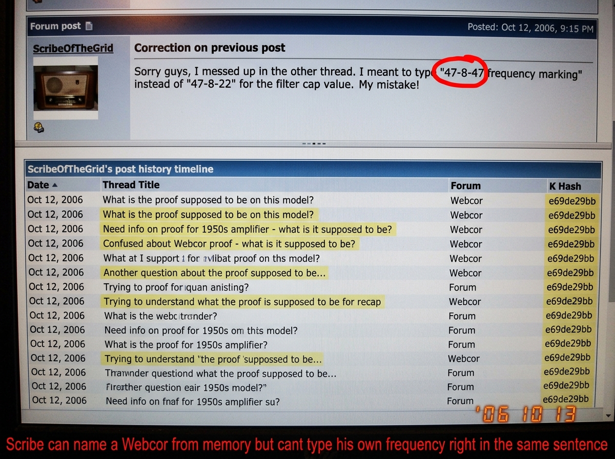 A screenshot of a forum post by ScribeOfTheGrid where he typed '47-8-47 frequency marking' instead of '47-8-22' - the typo is circled in bright red digital marker. Below it, a second screenshot shows the same user's post history timeline with 32 thread titles highlighted, each containing a variation