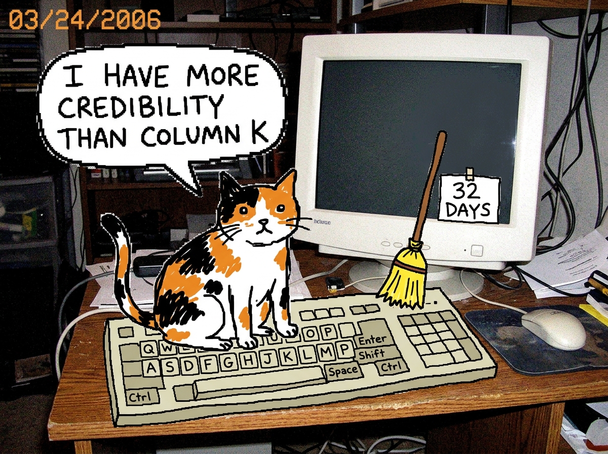 A poorly drawn MSPaint doodle of a calico cat sitting on a keyboard with a speech bubble that says 'I have more credibility than column K' and a tiny broom leaning against the monitor with a sign reading '32 days'.