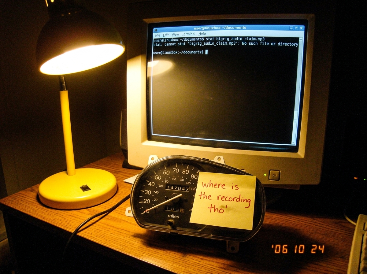 A screenshot of a terminal window showing `stat` output on a file called 'bigrig_audio_claim.mp3' that returns 'No such file or directory'. Below it, a speedometer photo showing 147047 miles with a Post-it note attached reading 'where is the recording tho' in red ink. The image is poorly lit with a 