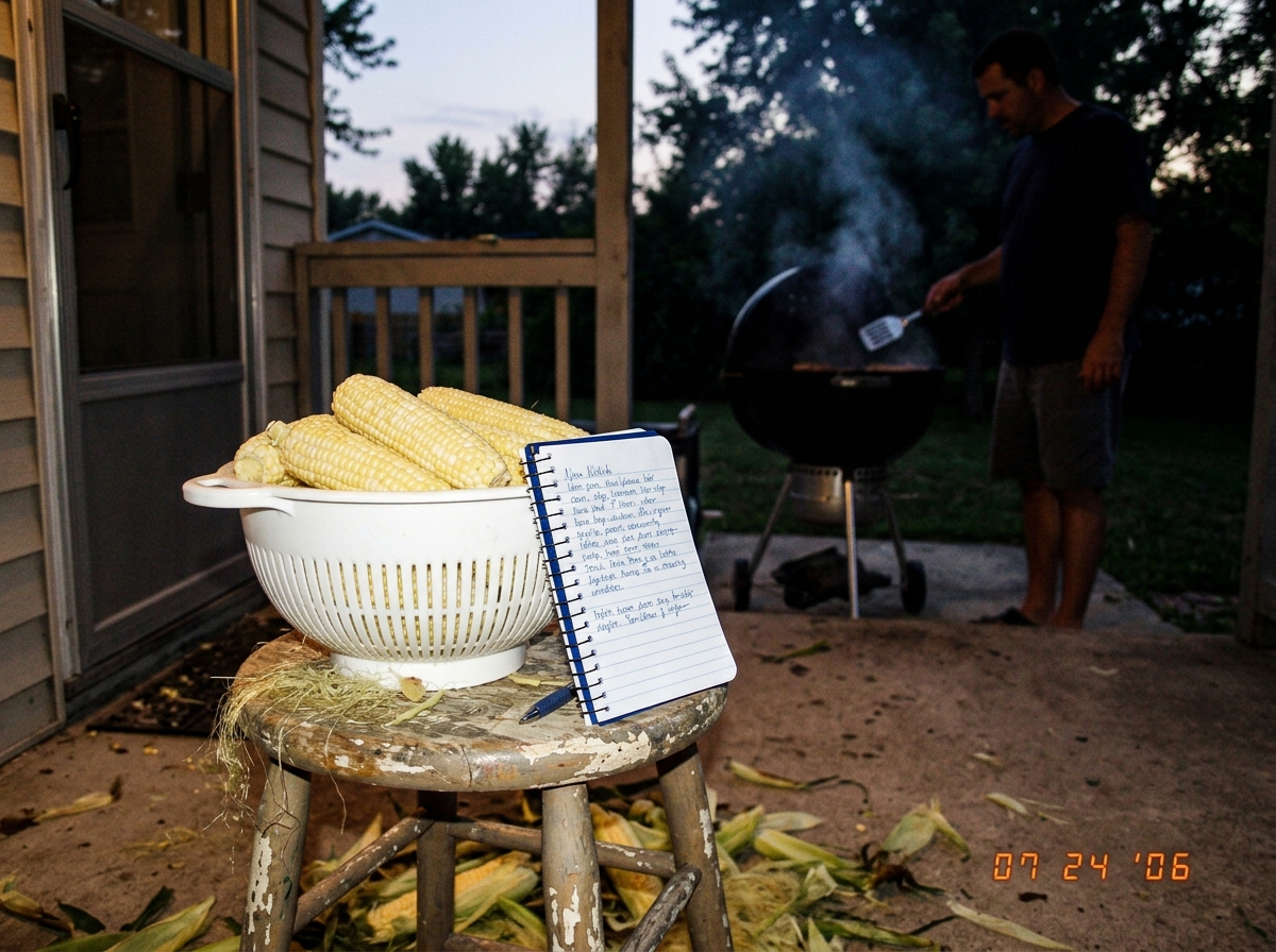 A photo taken on a back porch at dusk. A plastic colander full of shucked corn cobs sits on a wooden stool, with corn silk scattered on the concrete. A spiral notebook is propped open against the colander, handwritten lines visible but not readable. In the background, a charcoal grill is smoking wit