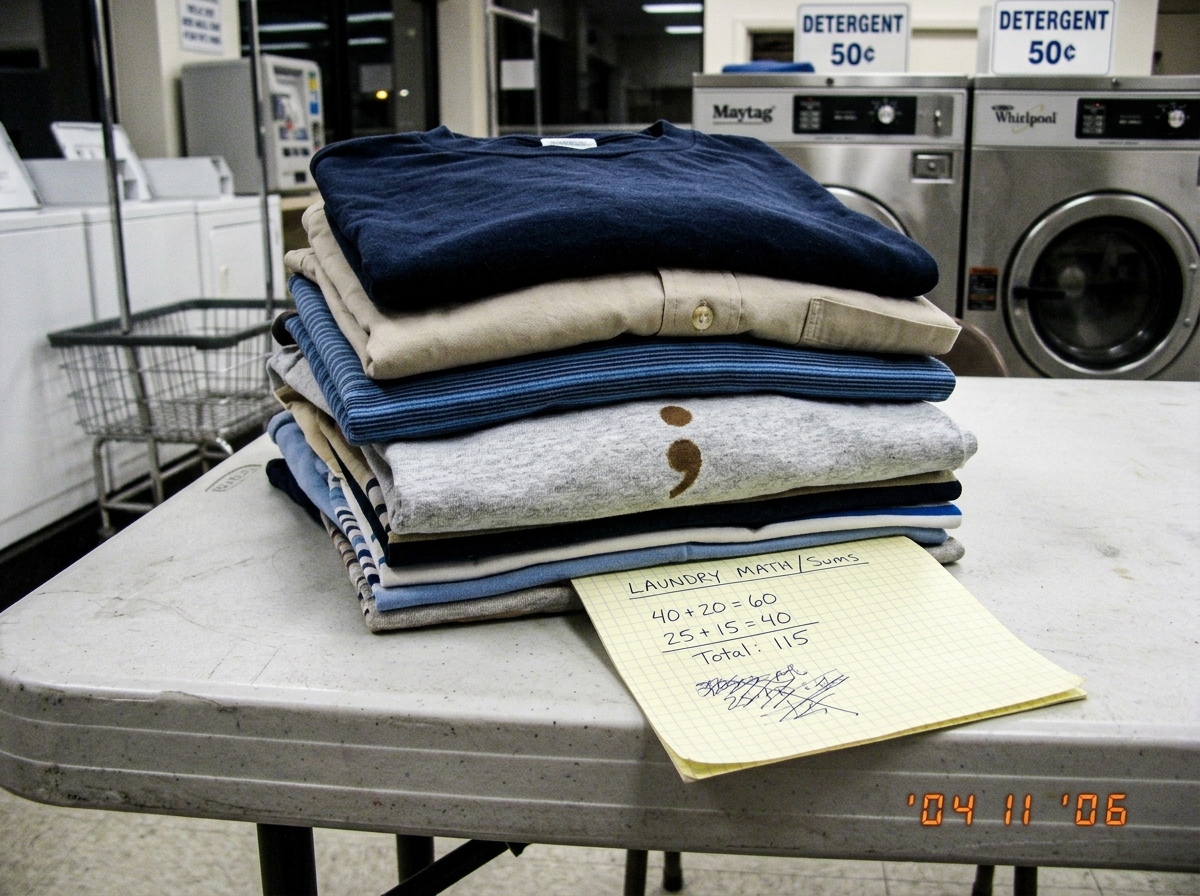 A stack of folded laundry on a plastic laundromat table - t-shirts and button-downs stacked flat like manuscript pages, one shirt has a coffee stain shaped like a semicolon. A piece of graph paper with handwritten sums is tucked under the corner of the stack.