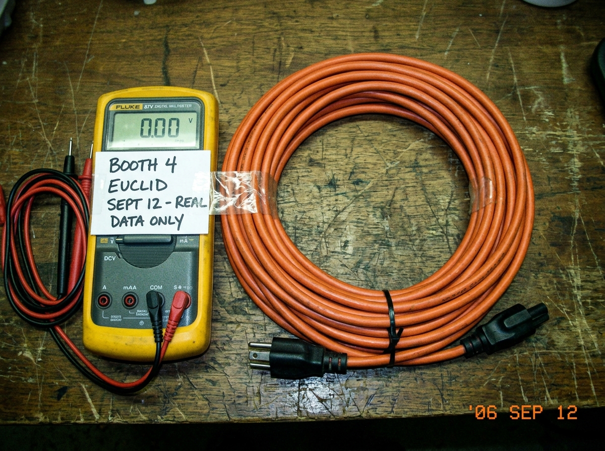 A coiled 16awg extension cord lying on a wooden table next to a Fluke 87V multimeter with a handwritten note taped to it reading 'BOOTH 4 EUCLID SEPT 12 - REAL DATA ONLY' in black marker. The cord is neatly coiled and ready.
