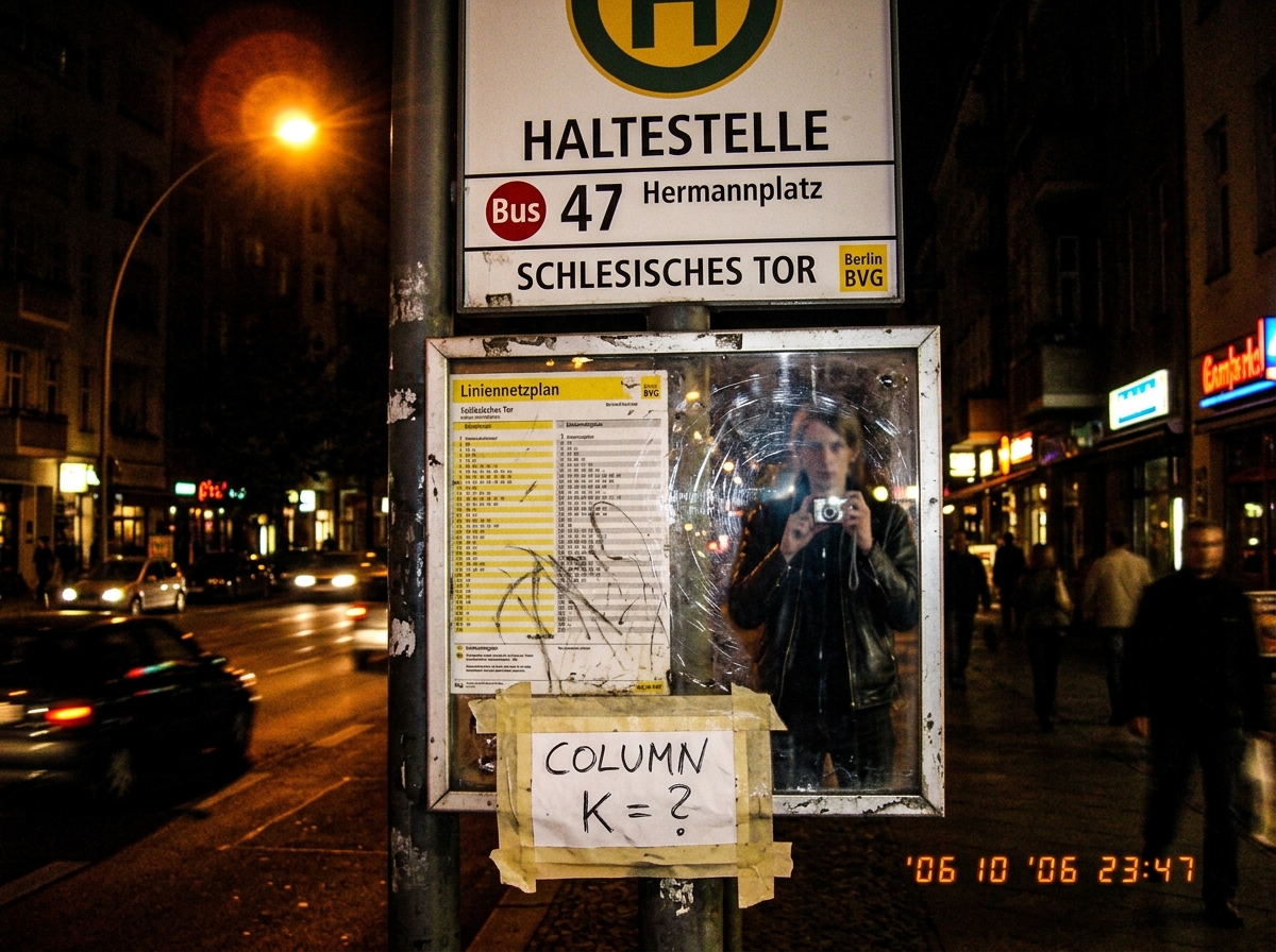 A hastily-taken photo of a Berlin bus stop sign at night. The sign reads 'Bus 47' with a schedule behind scratched plexiglass. A reflection of the photographer (tall, skinny, leather jacket) is faintly visible in the glass. In the lower corner, a small piece of paper is taped to the pole with 'COLUM
