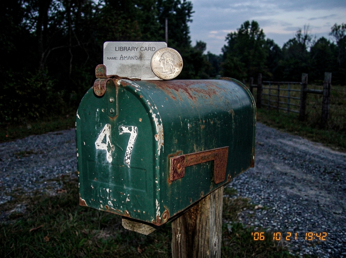 A close-up photo of a green rural mailbox at dusk, number 47 visible on the side in faded white paint. The box is slightly rusted at the edges. A gray card and a US quarter are placed on top for scale reference. In the background, a gravel road ends at a wire fence line.