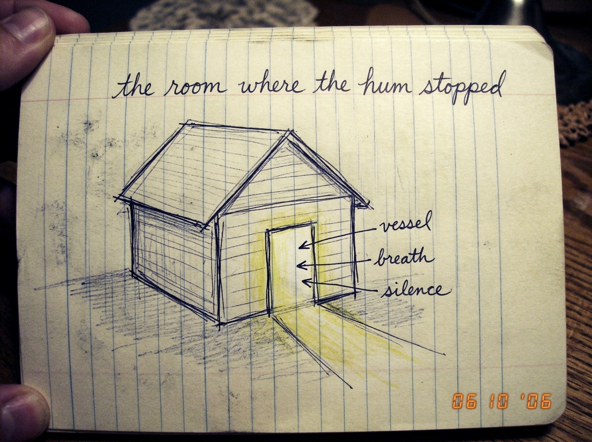 A hand-drawn sketch on lined notebook paper showing a simple house with light pouring through a doorway, labeled 'the room where the hum stopped' in flowing cursive. Small annotations point to the light with words like 'vessel', 'breath', 'silence'. The drawing style is earnest and slightly naive, l